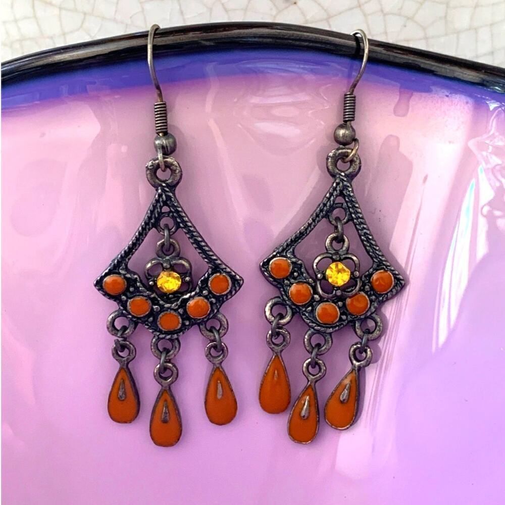 Vintage Sunset Orange enamel on Metalwork Dangle Earrings, Unmarked